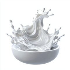 swirl of milk pouring into a bowl, with detailed splashes and smooth flow, centered on a bright white background