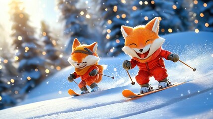 anthropomorphic skiing foxes racing down a snowy slope, magical winter backdrop with twinkling lights, joyful and adventurous spirits