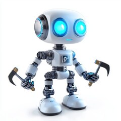 tiny helper robot with bright blue LEDs and small robotic tools attached to its arms, isolated on a clean white background