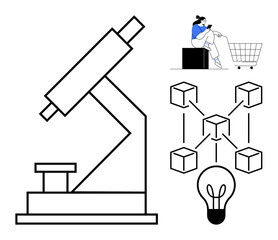 Microscopic analysis represented with a microscope, modern commerce signified by a figure and shopping cart, blockchain connectivity with interconnected cubes, and idea generation through a light