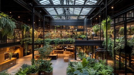 A large indoor atrium filled with ferns, hanging plants, and skylights.