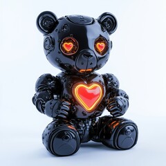 robotic bear with glowing red heart-shaped buttons on its chest, sitting playfully, placed on a clean white background