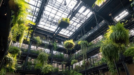 A large indoor atrium filled with ferns, hanging plants, and skylights.