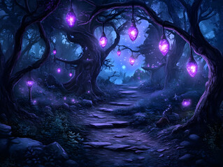Magical forest path, glowing lights, fantasy landscape, game background