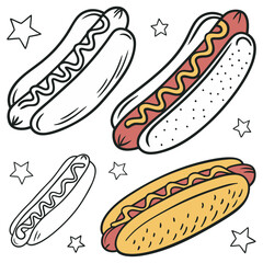 Set of hand-drawn hot dogs in various styles, colorful sketch vector illustration