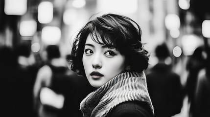 Black and white cinematic portrait of a young woman in a busy city street, capturing nostalgia and mystery in a vintage aesthetic