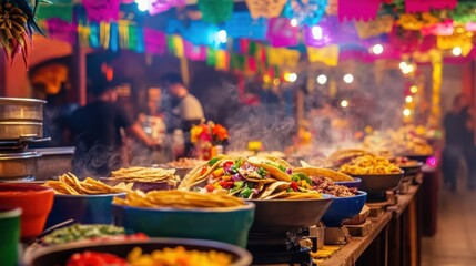 Vibrant Night Market Food Scene: A Colorful Array of Delicious Mexican Tacos and Street Food