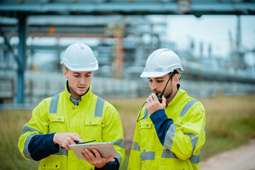 Workers collaborate on project updates at industrial site in daylight