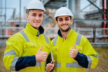Construction workers celebrate successful project milestone at industrial site during daylight hours