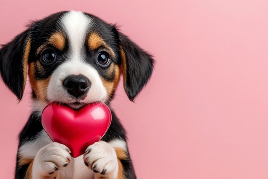 Entlebucher mountain dog - my treasured dog. Digital ads conceptual art visual concept art. Cute entlebucher mountain dog canine with diamond red heart - symbol of love, funny greeting card.