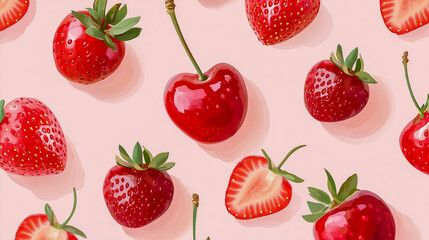 Vector seamless pattern featuring cherries and strawberries on a soft pink background
