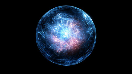 glowing, futuristic sphere with swirling blue and pink energy patterns, radiating light against black background, creating mesmerizing visual effect