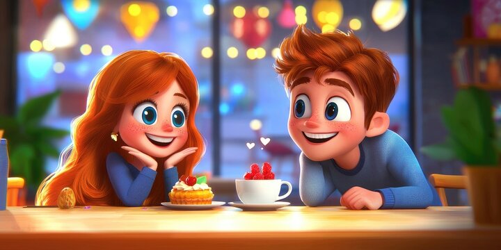 A cozy cafe setting featuring two friends sharing a laugh over coffee, warm smiles and playful banter showcasing first love, with colorful pastries on the table
