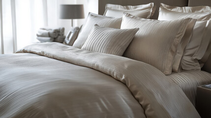 A hotel bed with neutral linens, accented with a single striped pillow for a modern touch