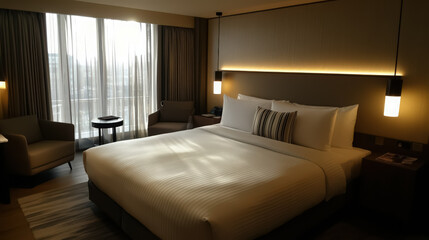 A hotel bed with neutral linens, accented with a single striped pillow for a modern touch