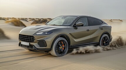 Obraz premium Luxury offroad 4x4 SUV with pneumatic suspension on speeding through desert dunes with dynamic sand trails, AI generated