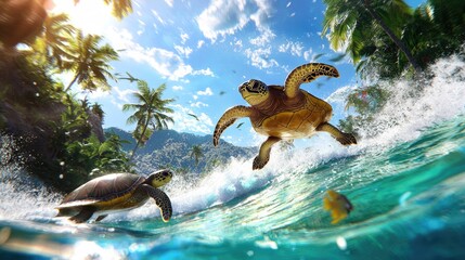 Obraz premium Surreal scene of humanoid animals surfing waves alongside turtles in a lush tropical setting, sunny skies, palm trees