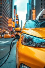 close-up of an electric taxi charging at a public station, urban cityscape in background, eco-friendly transportation.