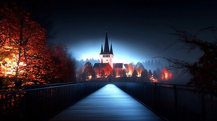 Naklejka premium Serene Nighttime View of a Historic Church Surrounded by Autumn Trees and Foggy Waters