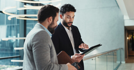 Hotel, lobby and business people with tablet for advice, schedule information or conference hall...