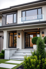 Modern Luxury Home Exterior: Contemporary Architecture and Design. Stunning entrance, landscaping, and elegant facade. High-end real estate.