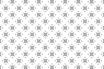 black and white geometric pattern with circular and starlike shapes arranged in a grid