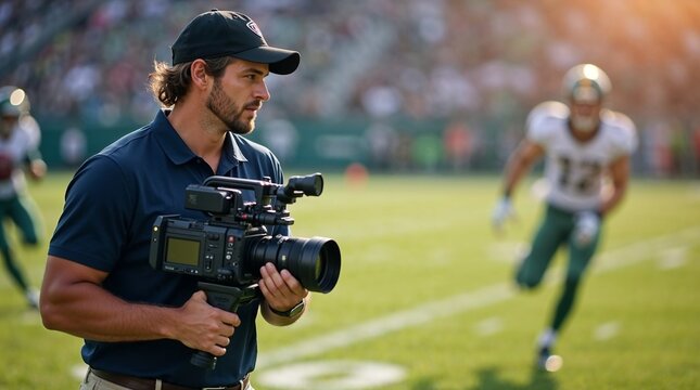 Bearded Cameraman Filming Football Player During Sports Event
