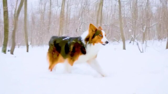 Young border collie eating snow during his walk at sunset. 4k Video. generated with AI