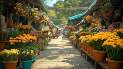 Fototapeta premium vibrant thai pongal market bustling with people buying sugarcane, turmeric, clay pots, and colorful flowers