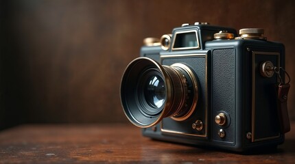 Nostalgic Vintage Camera with Classic Design and Gold Details with Copy Space