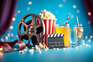 Popcorn, 3D glasses, film reel and clapboard on a blue background. Minimalist creative concept. Cinema, movie, entertainment concept. 3d render illustration