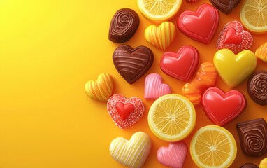 Obraz premium n assortment of colorful heart-shaped candies and chocolates, artistically arranged on a vibrant citrus-orange-to-lemon-yellow gradient background. Valentines Day and 8 March theme
