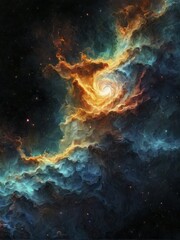 Swirling colorful cosmic clouds in a nebula, with stars dotting the dark space and creating an abstract scene, AI generated