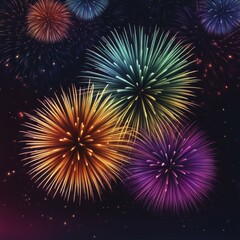 Naklejka premium Cluster of large vibrant fireworks bursting in a dark night sky, AI generated