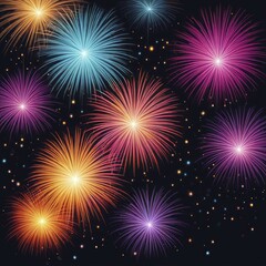 Naklejka premium Bright and colorful fireworks bursts lighting up the dark night sky, creating a vibrant and festive mood, AI generated