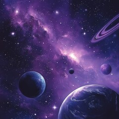 Beautiful illustration of a cosmic scene with planets, stars, and nebulae. Ideal for sci-fi, astronomy, and fantasy-related projects or educational materials.