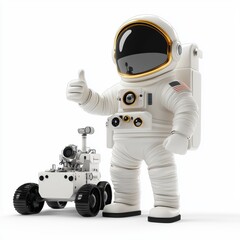 Naklejka premium n astronaut giving a thumbs-up gesture while standing next to a rover, placed on a clean white background
