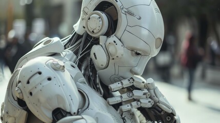 Fototapeta premium An android walks in an urban setting, casually passing by human pedestrians, ai generated, AI generated