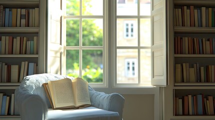 A relaxing reading nook with a large window overlooking a green courtyard.