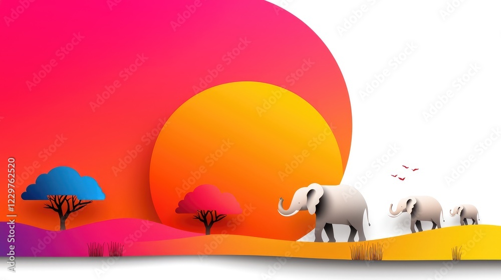Fototapete harmonious line connection of wild elephants in an open savanna, illustrating their journey towards 