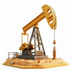 n oil pump jack in a desert landscape, symbolizing oil extraction, isolated on a clean white background