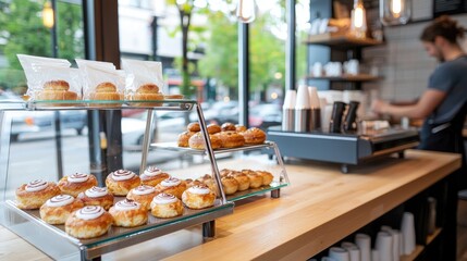Successful start to a day in a charming coffee shop, fresh pastries on display, barista crafting latte art, soft morning glow