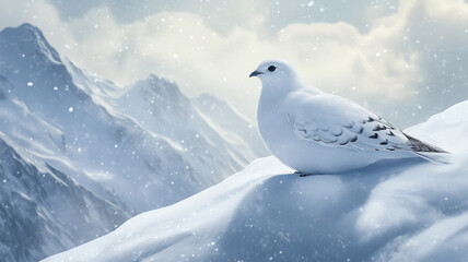 雪山に佇むライチョウが見せる冬の静寂