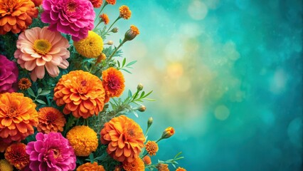 Obraz premium Delicate pink and orange flowers cascade along a teal border, creating a vibrant and colorful floral arrangement , nature photography, marigold
