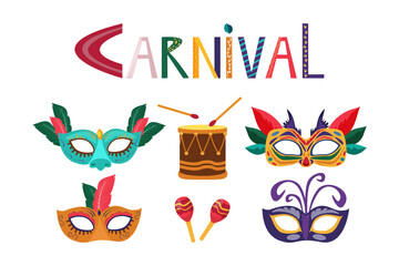 Vector set of carnival mask and elements. Lettering, masks, drums and maracas on the white background. Vector illustration	