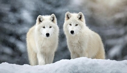 Obraz premium KI generated, Germany, animal, animals, mammal, mammals, biotope, habitat, two foraging, wildlife, ice, winter, snow, winter forest, white, white, algonquin wolf (Canis lupus lycaon), Bavarian Forest, Germany, Europe