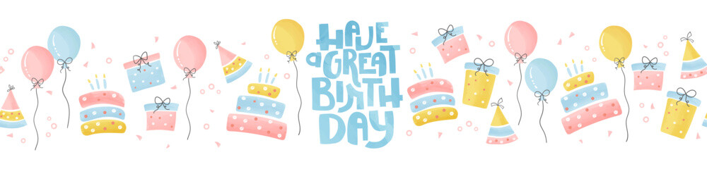 Fun hand drawn party seamless background with cakes, gift boxes, balloons and party decoration. Great for birthday parties, textiles, banners, wallpapers, wrapping - vector design