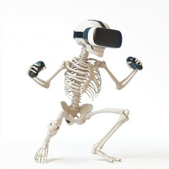 skeleton wearing a futuristic VR headset, holding motion controllers, and standing in an action pose, isolated on a clean white background