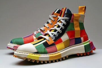 High-top sneaker with colorful patchwork design against plain background, AI generated