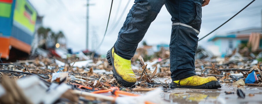 Restoring power lines after hurricane, worker in yellow boots navigates debris. scene captures resilience and determination in face of disaster recovery
